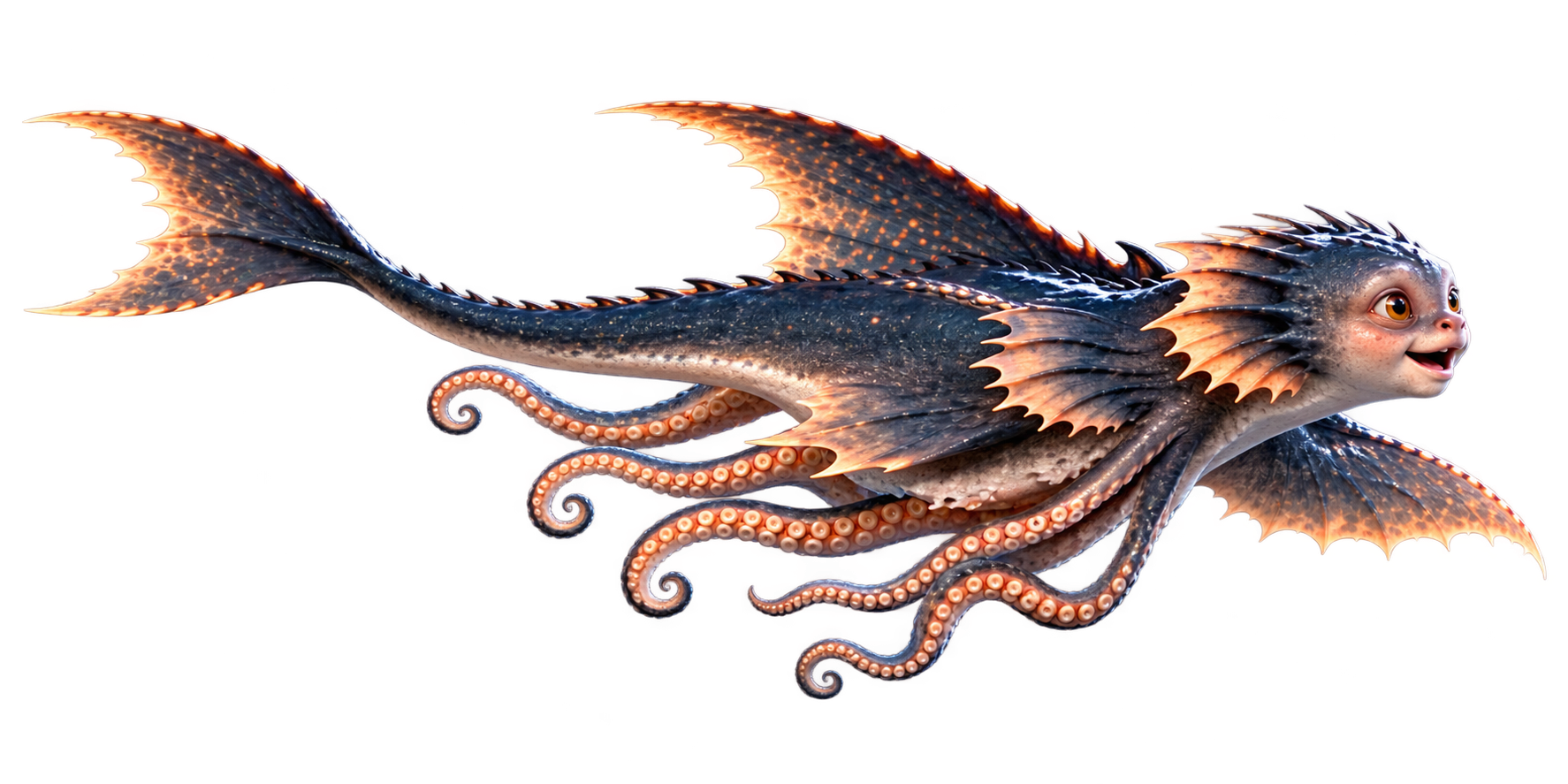 Moonfin swimming joyfully, with bright peach fins and curling tentacles